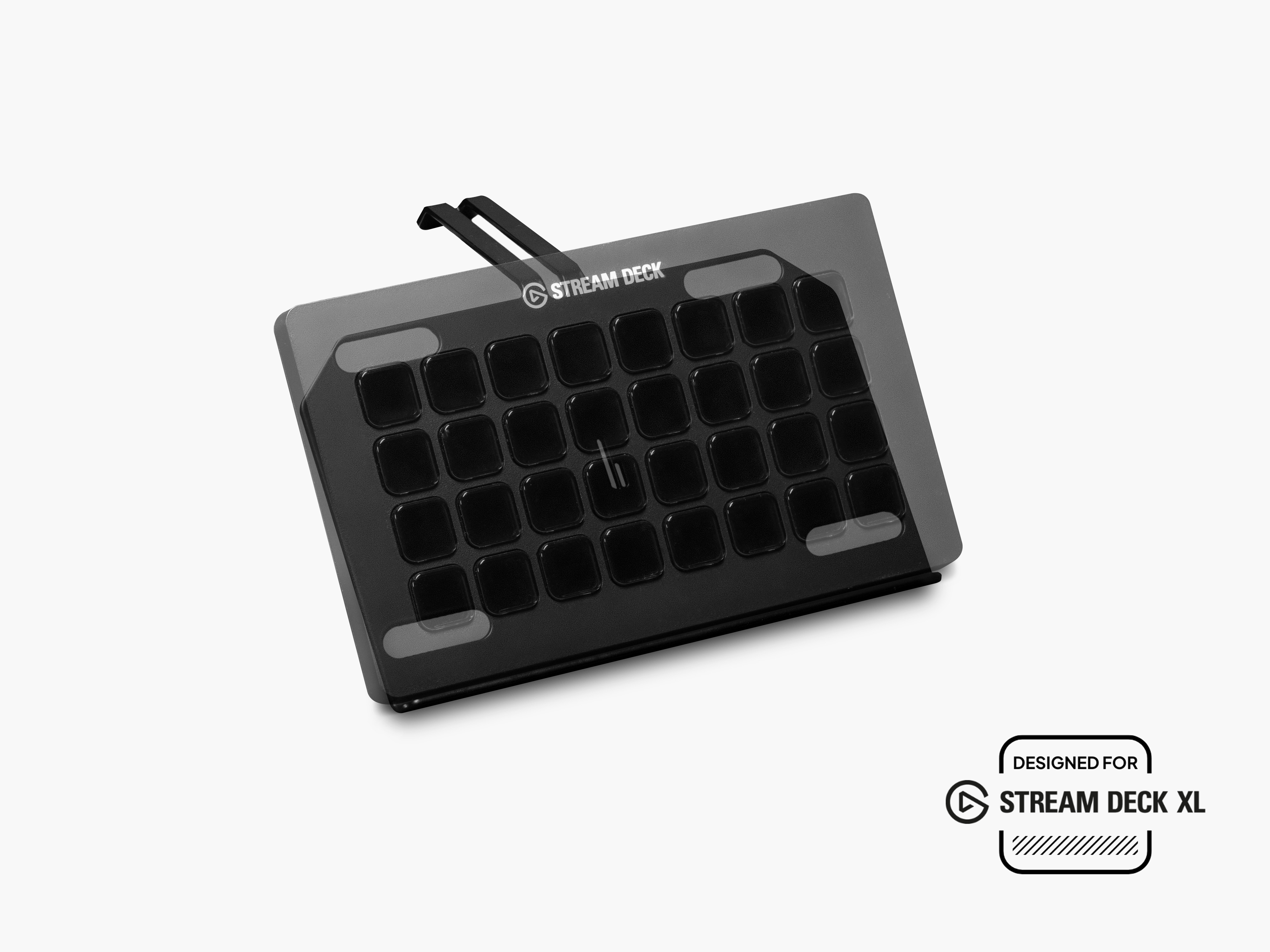 BALOLO Stream Deck XL Halter ausgeschnitten auf hellgrauem Hintergrund veranschaulicht mit transparentem Elgato Stream Deck XL.