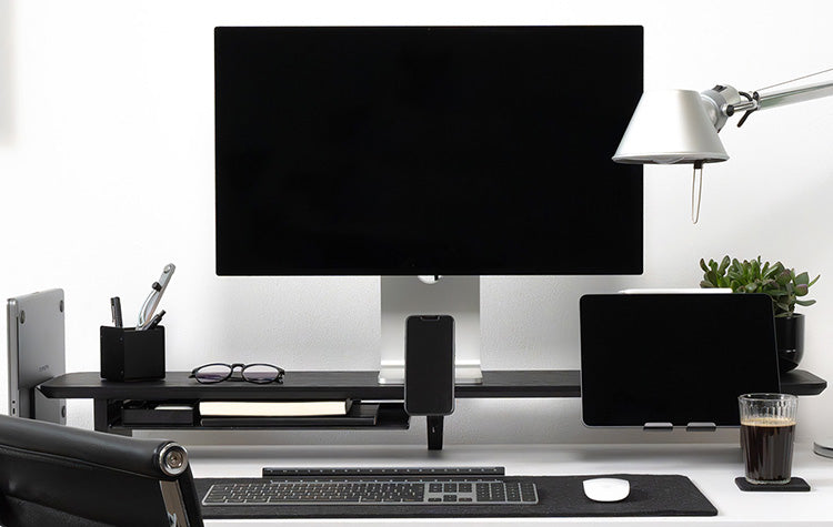 BALOLO, Setup Cockpit, Monitor Stand, Monitor Riser, Desk Shelf, modular desk shelf, desk organization, desk setup, desk organizer, desk accessories, ergonomic workspace, organized workspace, work from home setup, office, dual monitor setup, all black