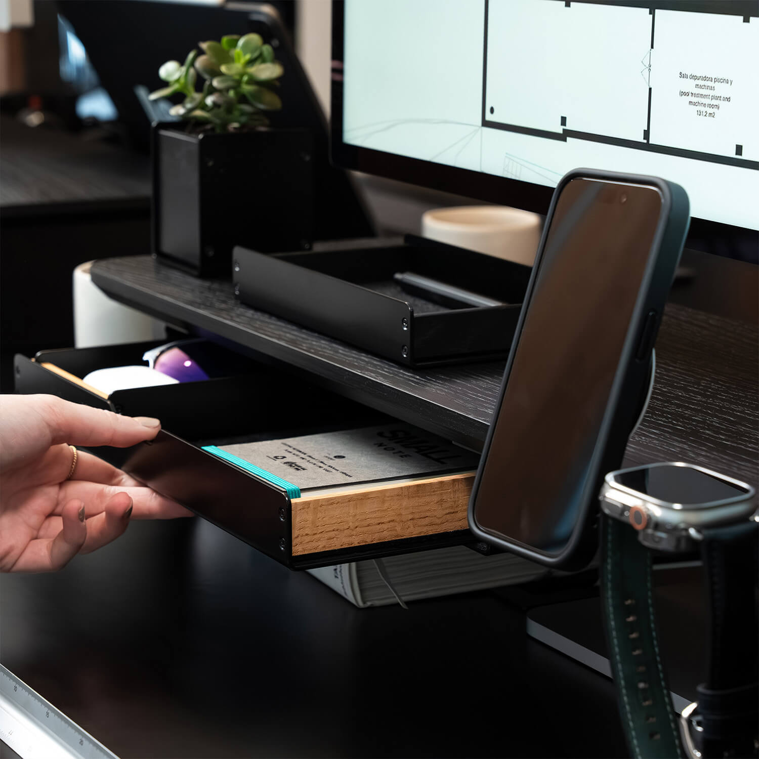 BALOLO, Setup Cockpit, Catch All Tray Large, Catch All Tray, Paper Tray, Pen Tray, Desk Organizer, Desk Organization, organized desk, organized workspace, monitor stand, desk shelf, monitor riser, work from home setup, office