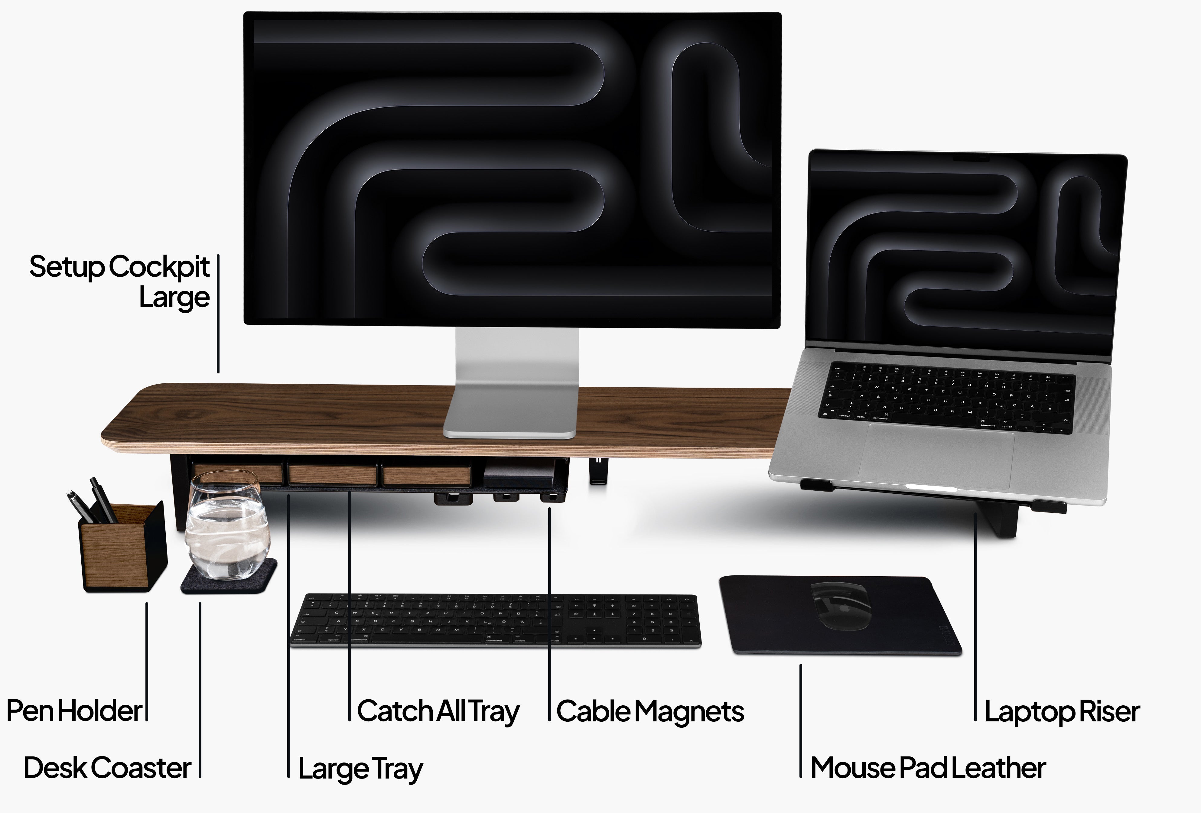 Setup Cockpit Desk Shelf Large in American Walnut, as a bundle set with add-ons: Laptop Riser, Large Tray, Catch all Trays, pen holder, cable magnets and mouse pad. Labeled for illustration purposes