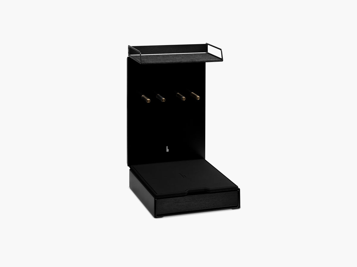 Barista Bar komplett in Schwarz mit schwarzem Eichenholz, vier Messinghalter für Zubehör, Schublade mit schwarzer Eichenholz-Front  #material_All Black
