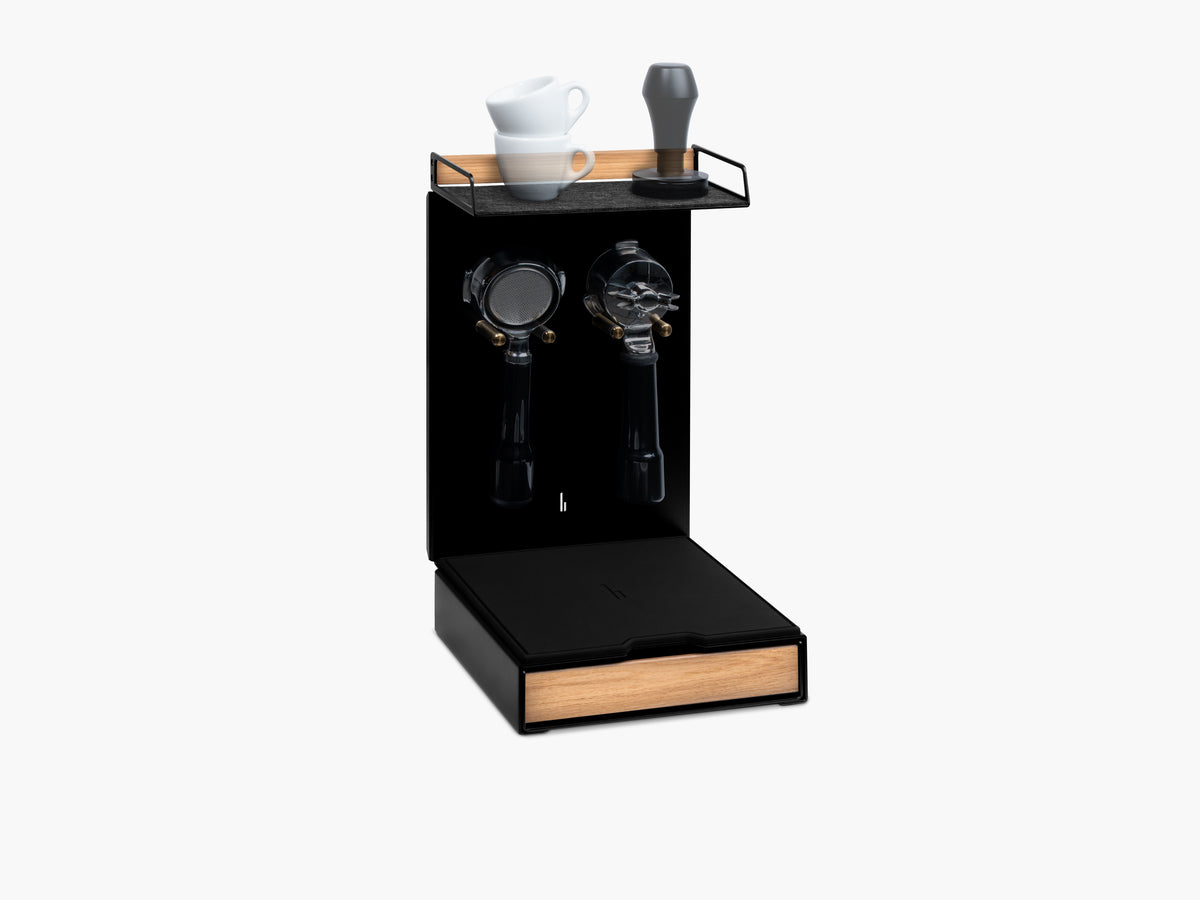 Barista Bar mit Eichenholz, zwei Espressotassen und Tamper, zwei Portafilter-Halterungen, Schublade mit Eichenholz-Front @expand #material_Eiche