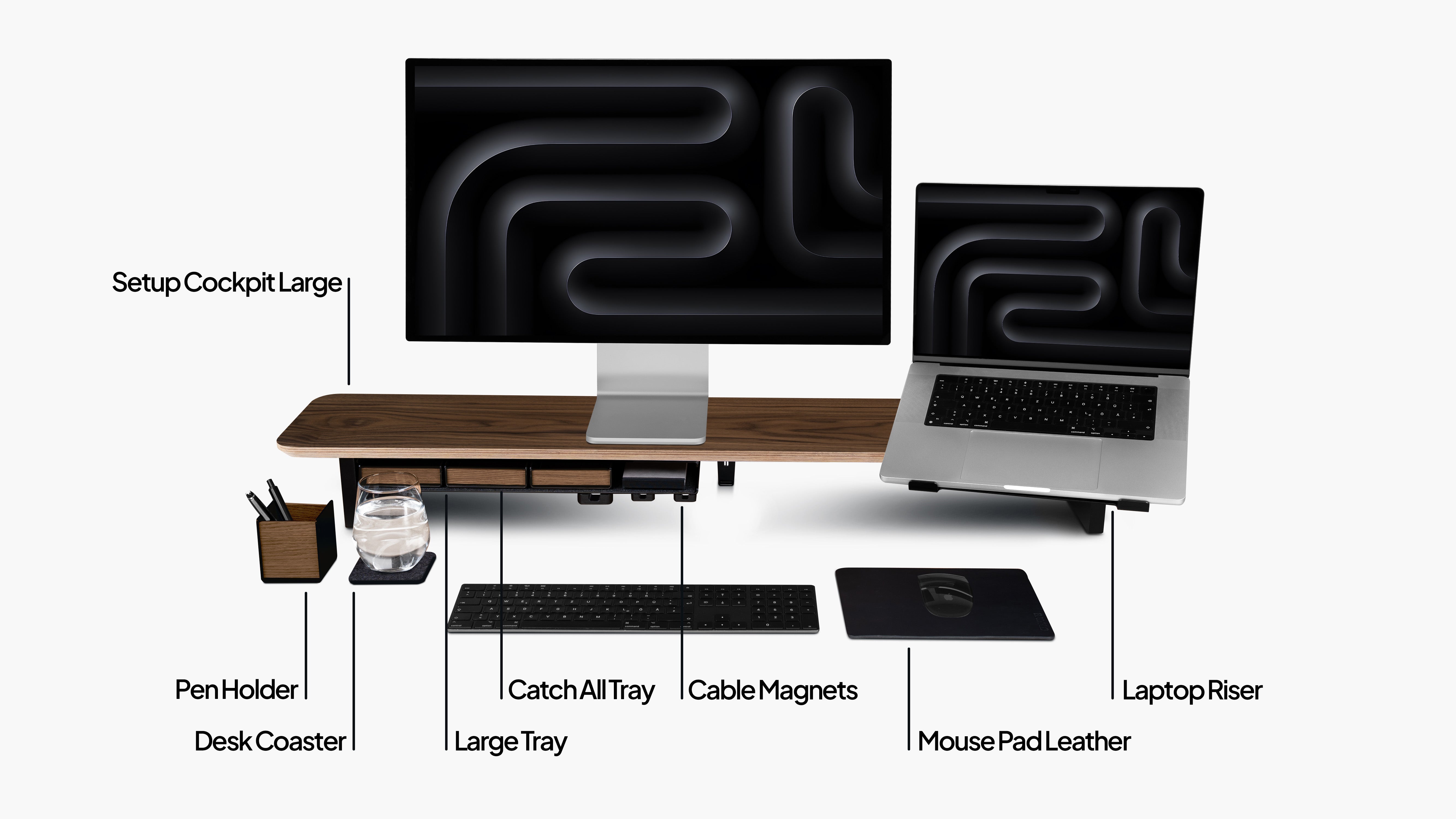 Setup Cockpit Desk Shelf Large in American Walnut, as a bundle set with add-ons: Laptop Riser, Large Tray, Catch all Trays, pen holder, cable magnets and mouse pad. Labeled for illustration purposes